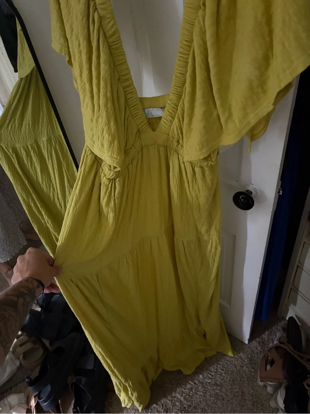 Free People Chartreuse V-Neck Flutter Sleeve Maxi Dress
